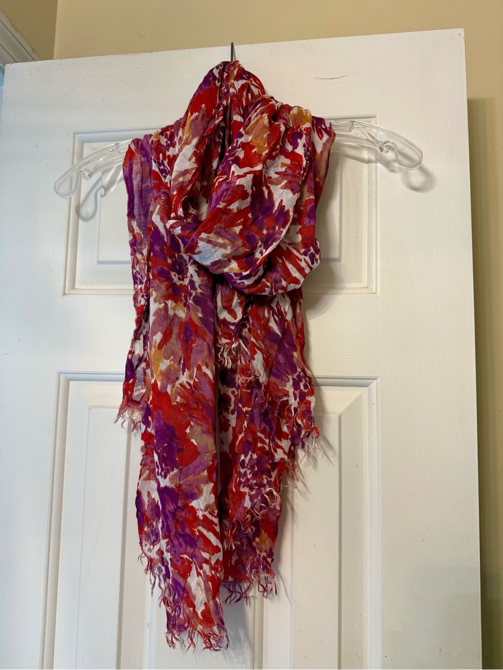 Vibrant Abstract Print Lightweight Scarf — Red, Purple, White
